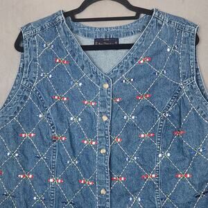 NEW DESIGNS Vest Womens 2X Blue Chambray Embroidered Dragonfly Button Up V-Neck